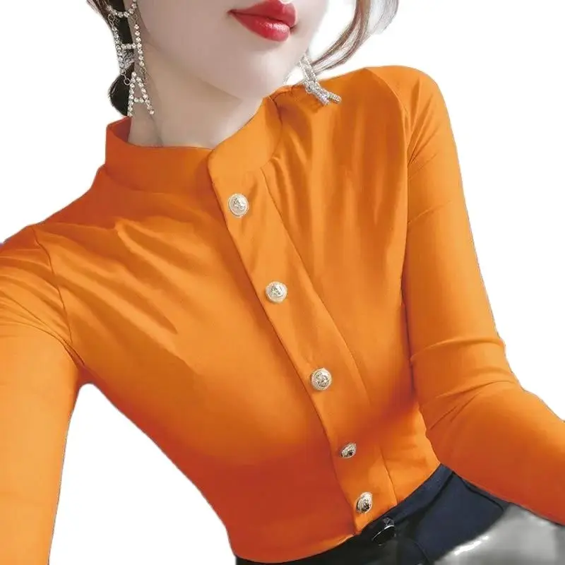 

Blouse Women Large Size Half High Collar Chiffon Shirt Single-breasted Cardigan Solid Color Long Sleeve Spring Slender Tenafeicc