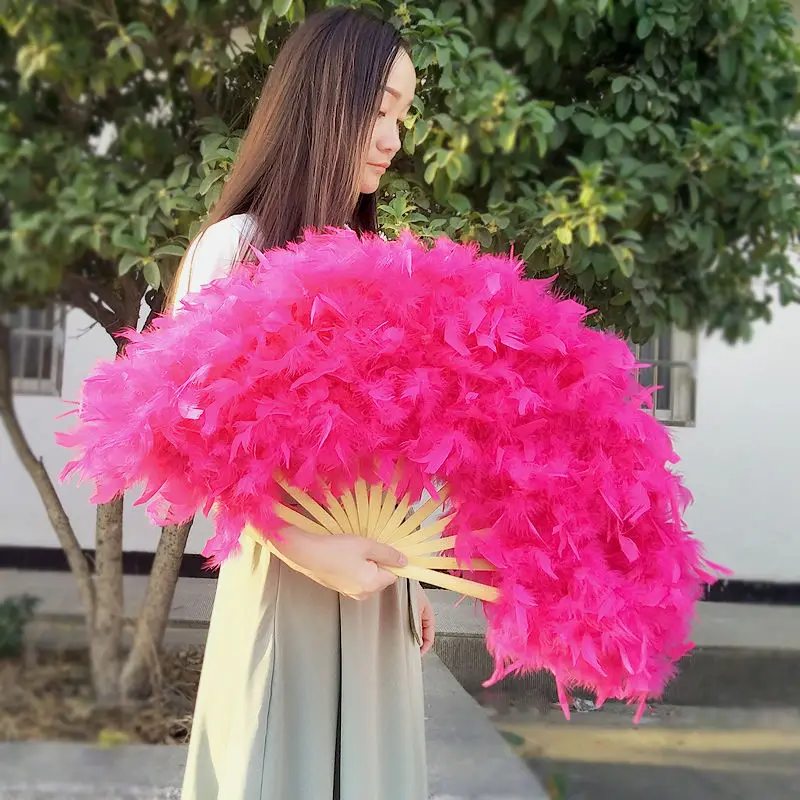 

70*40cm Large Pink Feather Fan Stage Performance Dance Fan Photography Props Lolita Feather Folding Fan Wedding Party Decoration