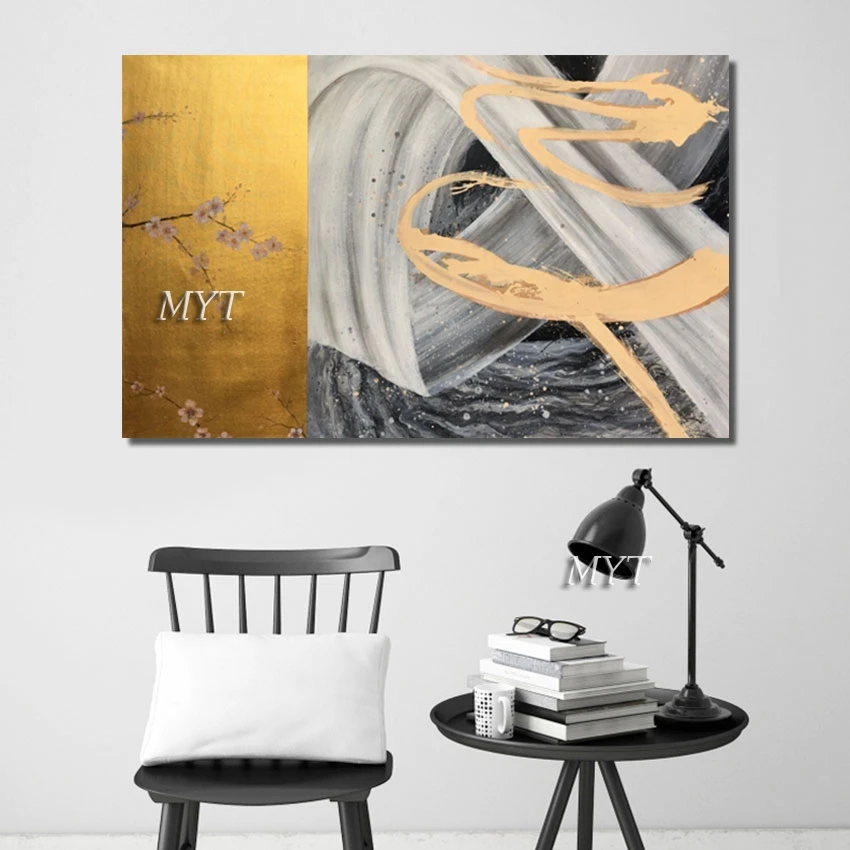 

Unframed Modern Bedroom Decoration New Arrival Gold Foil Abstract Oil Painting Handmade Flowers Artwork Canvas Wall Picture Art