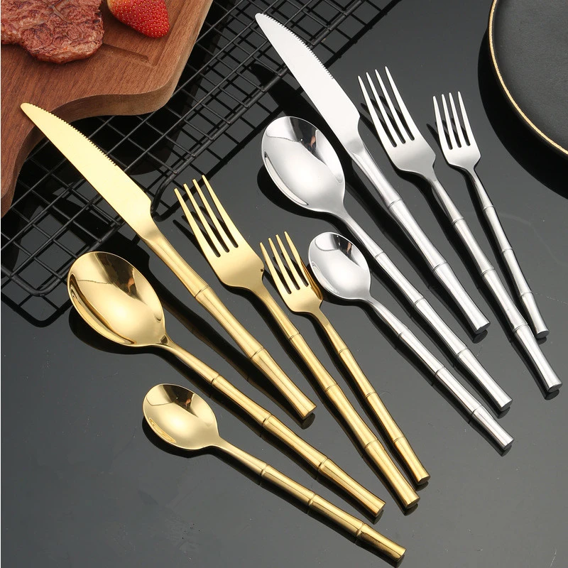 

304 Stainless Steel Cutlery Set of Five Bamboo Handle Creative Light Luxury Knife Fork Spoon Sets Kitchen Tableware Combination