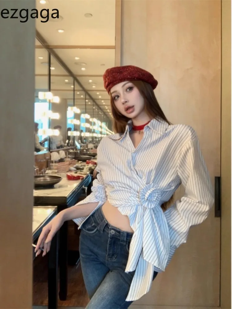 Женские рубашки Ezgaga элегантные полосатые Цветочные Асимметричные тонкие с