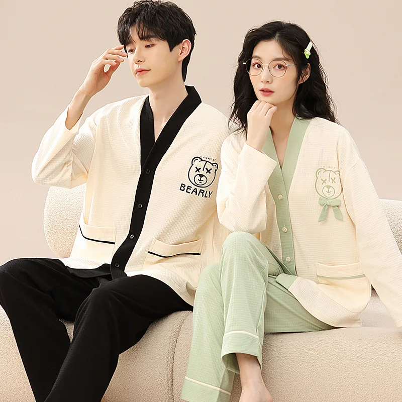 Kimono Couples Sleepwear V-Neck Cardigan Pajamas Set Long Sleeve Pajama Suit Male & Female Cotton Pijamas Mujer Hombre Pjs