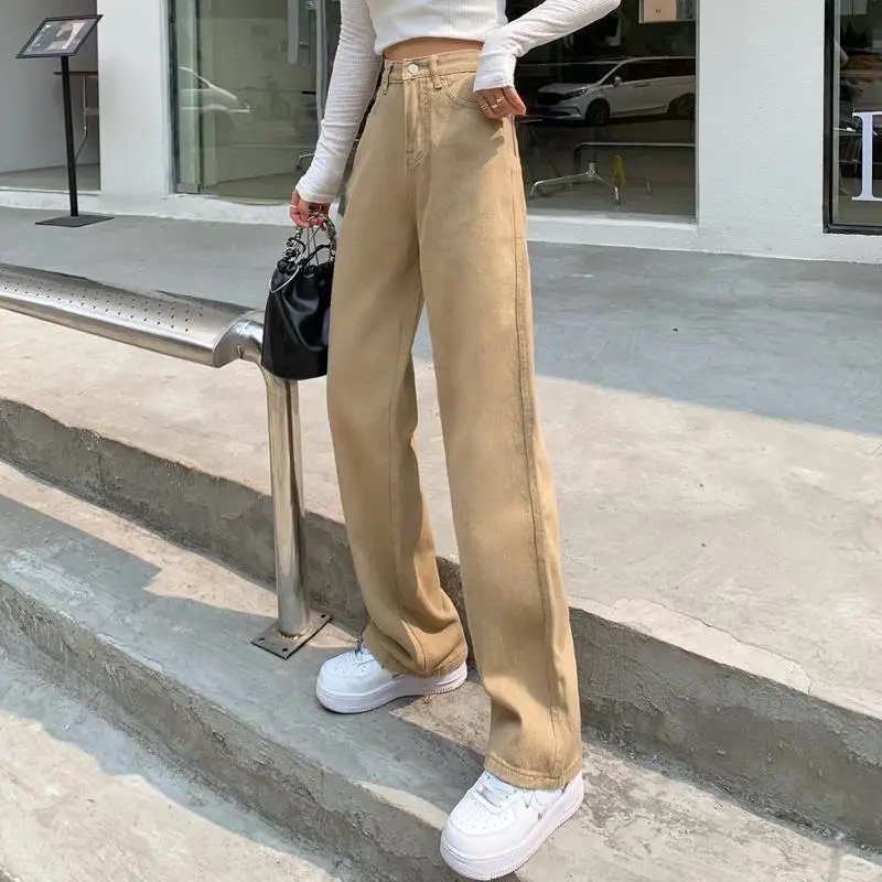 High Waist Jeans for Women Vintage Khaki Denim Trousers Casual Straight Wide Lei Pants Korean Fashion Y2k Bottoms Female Clothes
