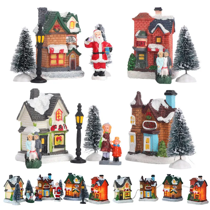 

Christmas Ornament LED Resin Lighting House Christmas Village Set Statue Decoration Santa Claus New Year Snow House Holiday Gift
