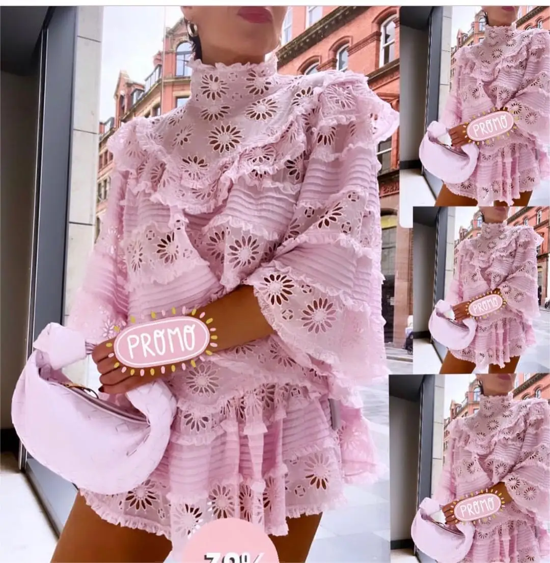 

Women Shirt Hollow Out Embroidery Ruffles Lace Edge Stand Neck Flare Sleeve Sweet Top 2023 Spring New
