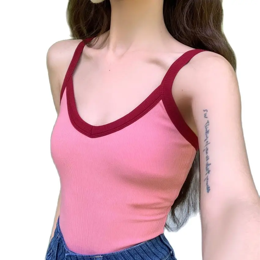 

European Fashion 2023 Spring Summer Girls Tops Cotton Spandex Singlet Designs Contrast Color Slim Fit Hot Sell Women Top
