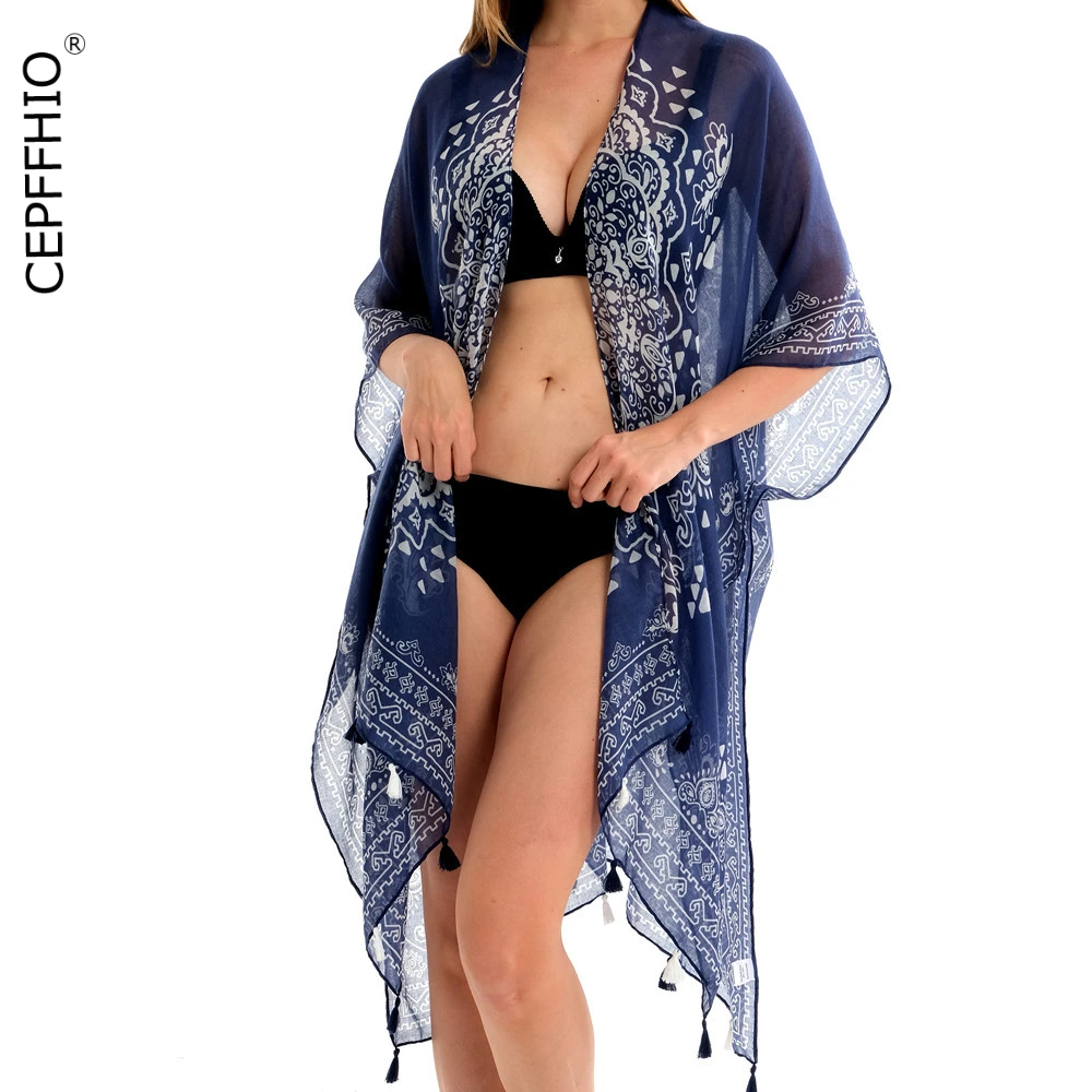 

Cepffhio Outdoor Beach Bikini Sunscreen Smock Women Fashion Pattern Light Black Blue Loose Cardigan Dropshipping
