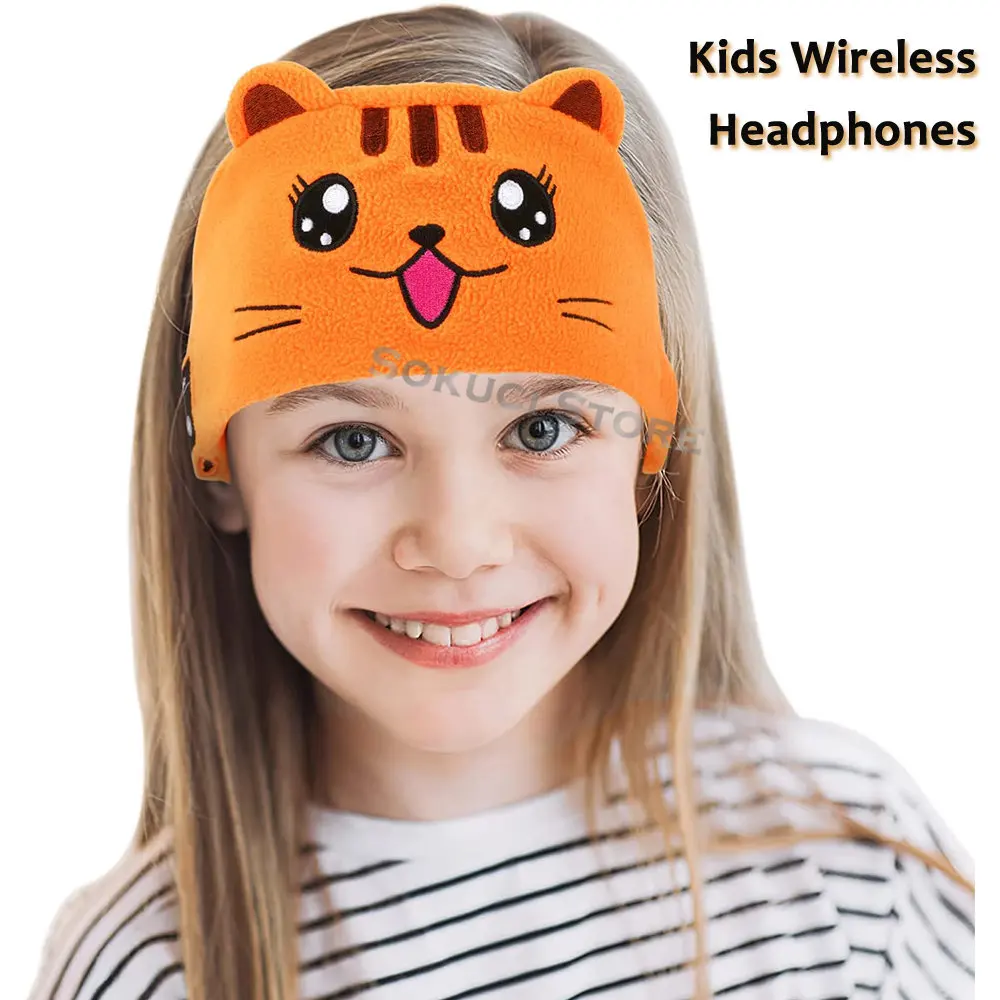 Kids Animal Headband Soft Fleece Wireless Bluetooth Headphones with Mic Voice Prompt Hi-Fi Stereo Bass Music Sleep Eye Mask