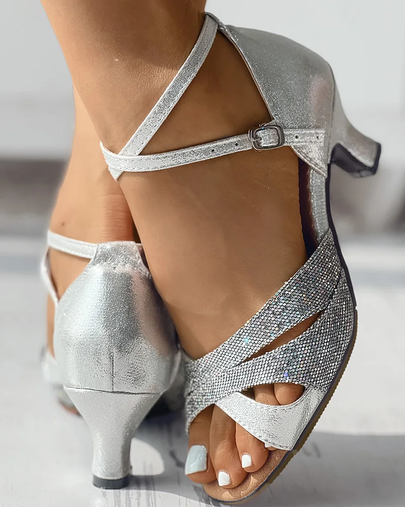 Women Casual Fashion Summer Party Club Wear Ankle Strap Contrast Sequin Latin Dance Heels