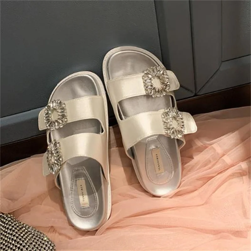 

Crystal Buckle Women's Shoes Low Heels Sandals Round Toe Slippers Front Strap Chaussure Femme Belt Zapatos Mujer Solid Sandalias