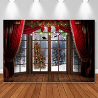 red curtain christmas backdrops for photography winter snow window santa claus photo props kids portrait photographic background