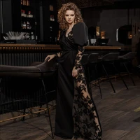black sexy evening dress illusion slit applique floor length party gown for woman long sleeves zipper back robe de soriee beach