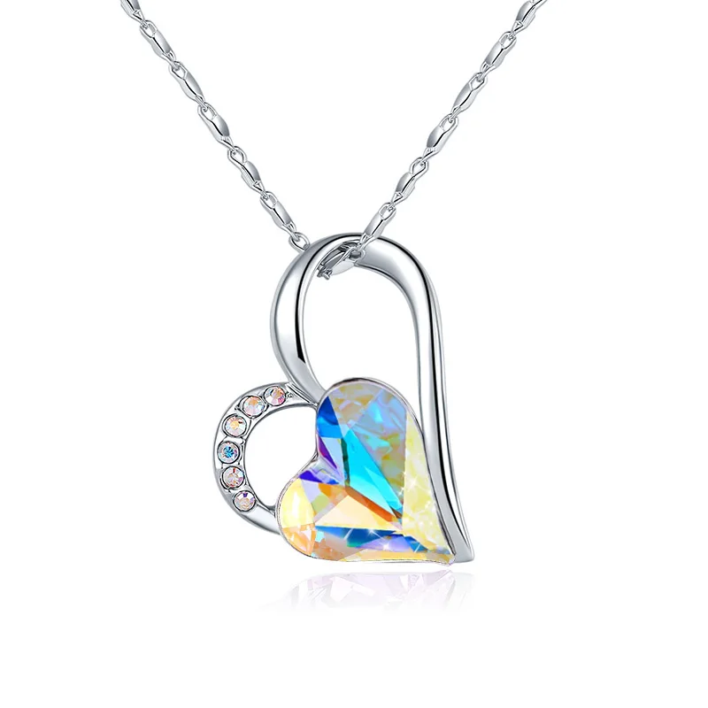

New Double Heart Pendant Necklace With Colorful Crystals from Austria Silver Color Rainbow Jewelry for Women Anniversary