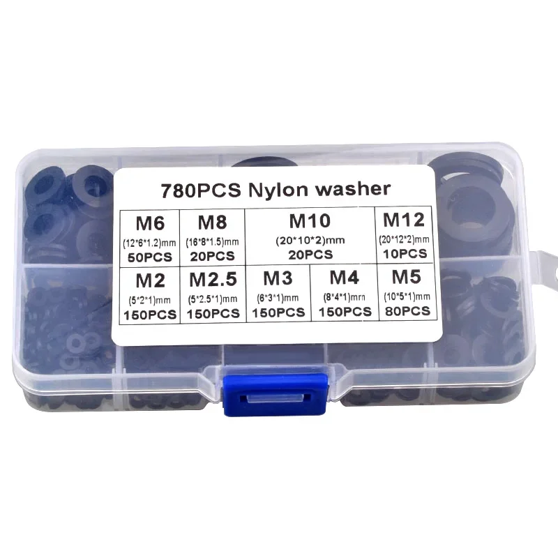 

780 шт., набор черных нейлоновых плоских шайб M2 M2.5 M3 M6 M8 M10 M12, пластиковая плоская шайба, плоская прокладка, изоляционные уплотнения, комплект прокладок и колец