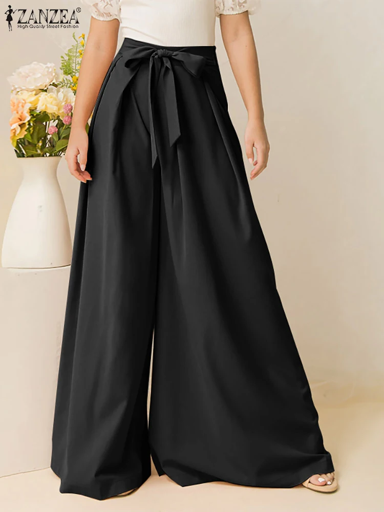 

ZANZEA Autumn Pocketless Long Trousers Casual Loose Pleated Badage Waist High Waist Wide Leg Pant Women Fashion 2022 Pantalon