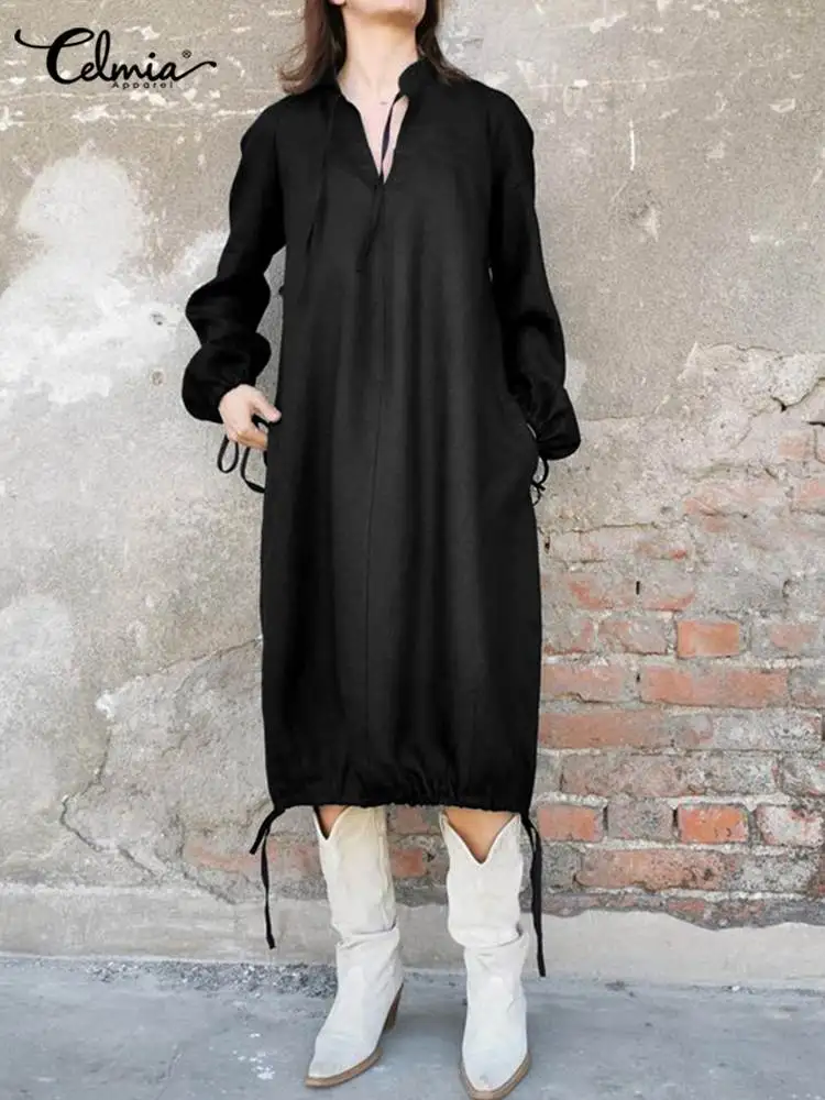 

Celmia Женские однотонные повседневные платья-миди 2022, модное винтажное платье-рубашка с длинным рукавом и карманами, сексуальное вечернее пл...