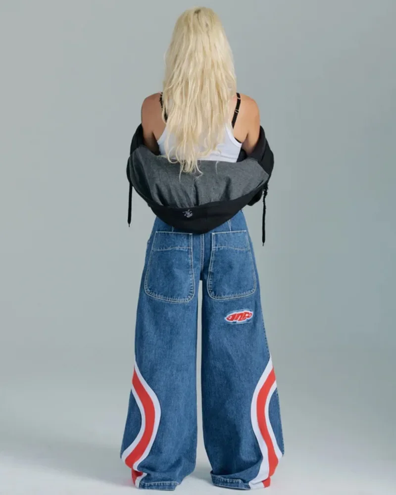 

JNCO Jeans women Y2K streetwear Wash Red White Stripes panels baggy jeans Harajuku vintage Hip Hop punk Fashion wide leg jeans