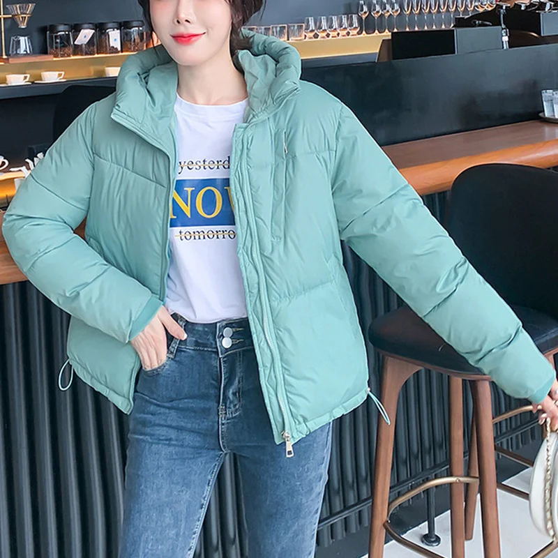 2021 Korean Jacket Thicken Warm Hooded Down Cotton Jacket Women Winter Casual Simple Coat Short Parkas Outerwear Female Overcoat