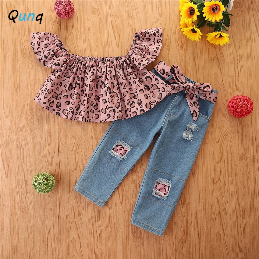 

Qunq Spring & Autumn Ins Girls' Leopard Print Irregular Top + Hole Trousers And Belt 3 Pieces Set Children's Outfit Age 3T-8T