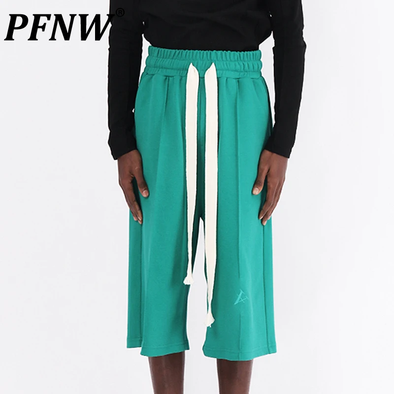 PFNW Summer Men's Original Elastic Waist Casual Sports Shorts Solid Color Drawstring Baggy Breathable Calf-Length Pants 12Z1777