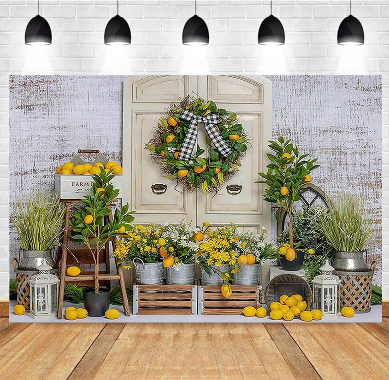 

Photography Background Lemon Farm Wooden Door Child Kids 1st Birthday Party Cake Smash Decoration Backdrop Photo Studio