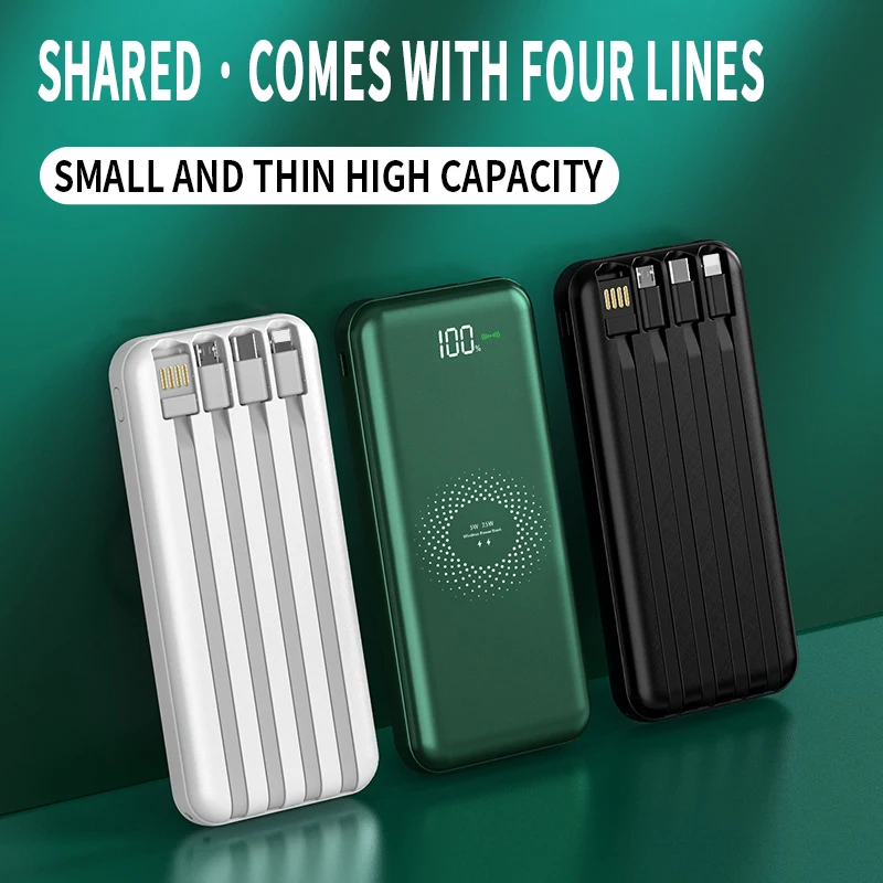 Wireless Fast Charging Power Bank Portable 30000mAh Charger Digital Display External Battery Built-in 4 cables for iPhone Xiaomi