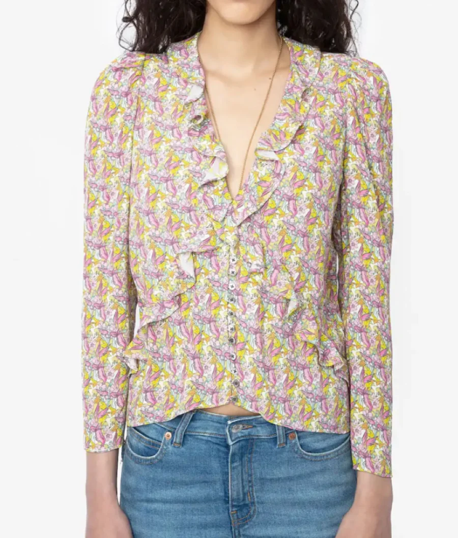 

Women's Shirt Floral Printed Ruffles Spliced V-Neck Single Breasted Puff Sleeve 100% Viscose Blouse