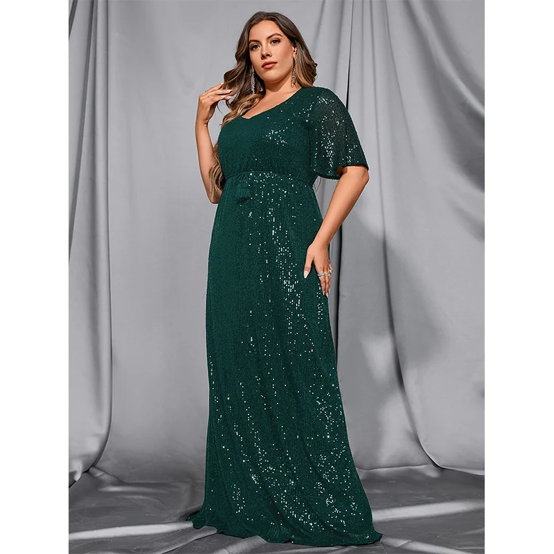PLUS SIZE Beaded 4XL5XL Evening Dress Loose Round Neck Short Sleeve Wine Red Summer Luxury Elegant Dress 2023