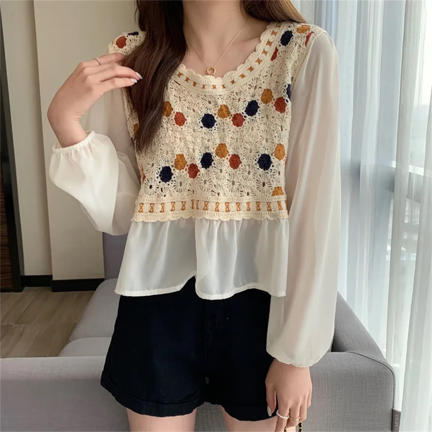

Корейская модная Элегантная блузка, милые вязаные топы, Женская белая рубашка с длинным рукавом, женская блузка