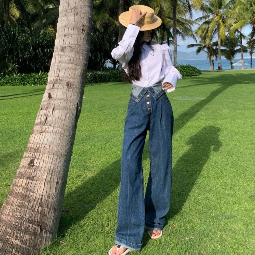 Женские джинсы с карманами синие прямые брюки высокой талией