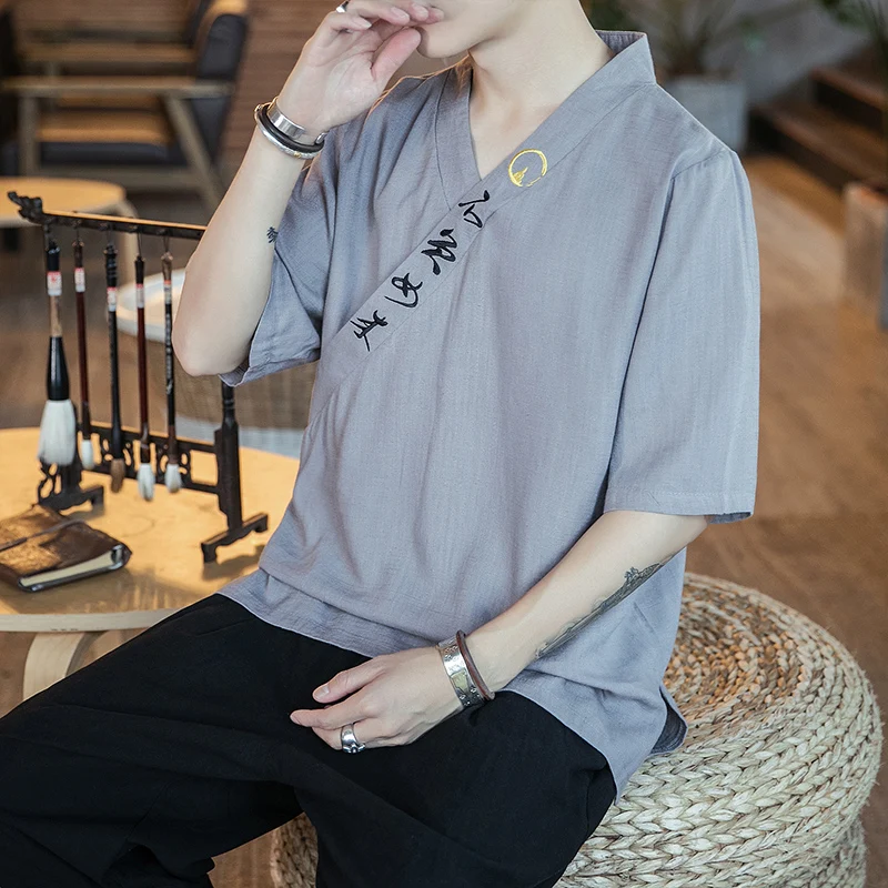 Женская льняная футболка с коротким рукавом свободная V-образным вырезом и в