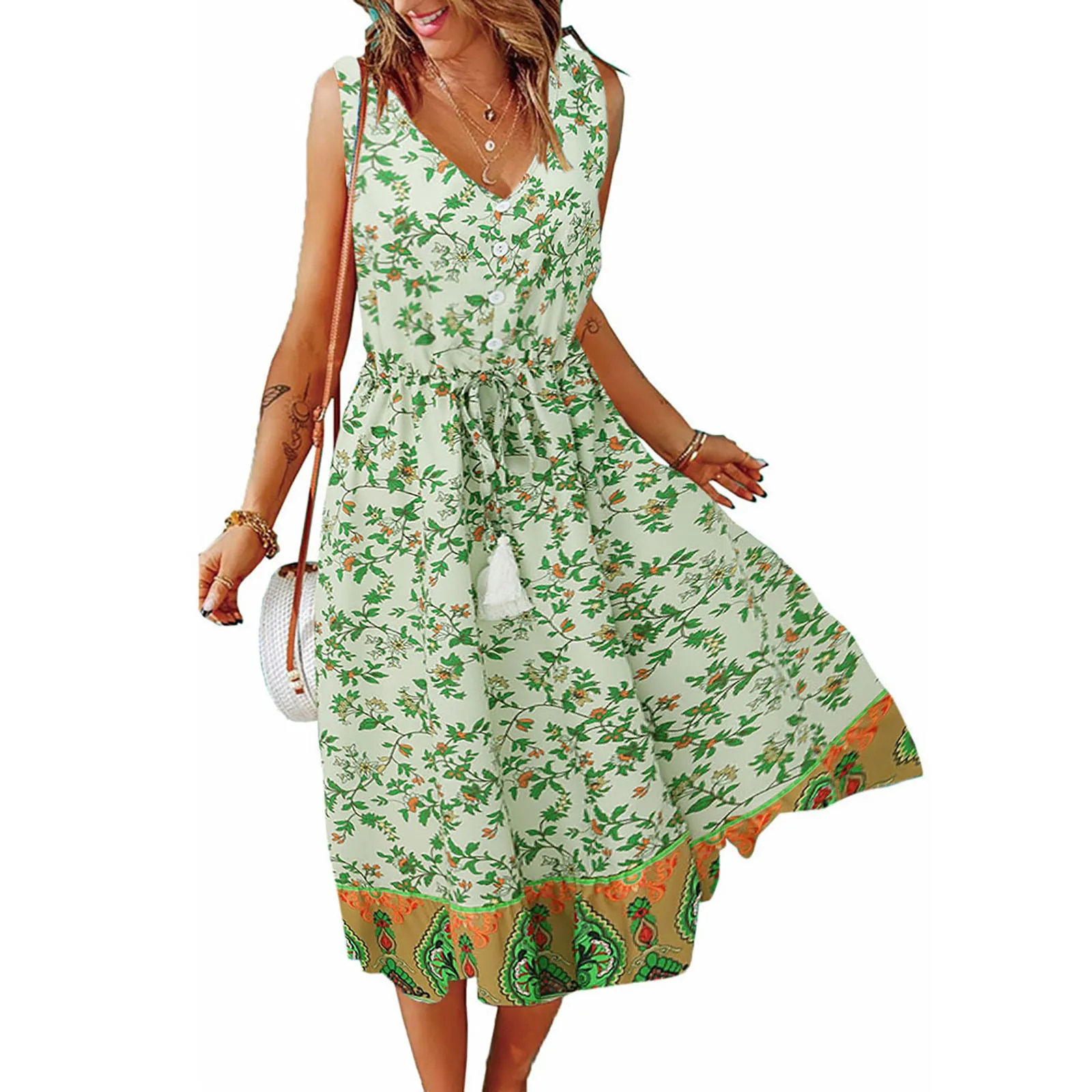 

Женский цветочный сарафан с V-образным вырезом и пуговицами