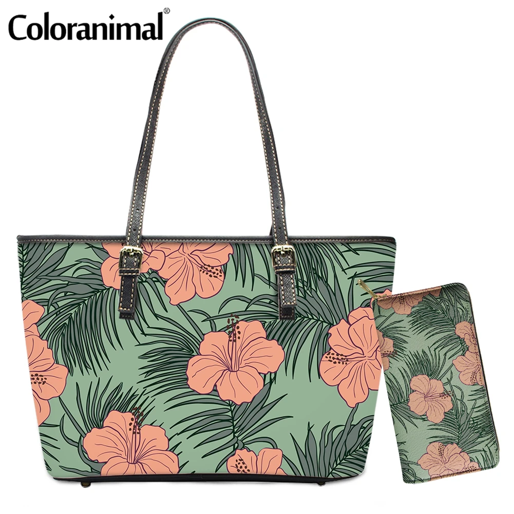 

Coloranimal Hot Sale 2Pcs Set Women's Shoulder Bag&Wallet Prety Tropical Hibiscus Flower Print Female Handbag Tote sacs à main