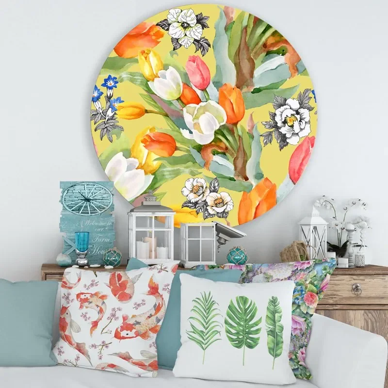 

«Цветущие оранжево-белые тюльпаны», традиционная круглая металлическая стена, 36x36-диск из 36