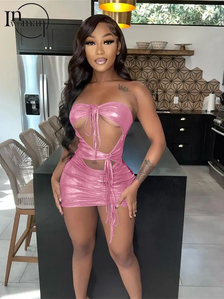

Inwoman Summer Streetwear Dresses For Women 2022 Sleeveless Strapless Mini Dress Bodycon Bandage Hollow Out Pink Dress Female