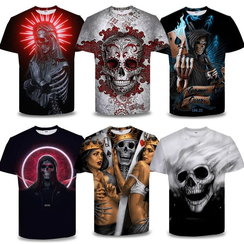 

Black 3D digital printing evil spirit skull t shirt men's punk casual breathable o neck sleeveless t-shirt kid women tops