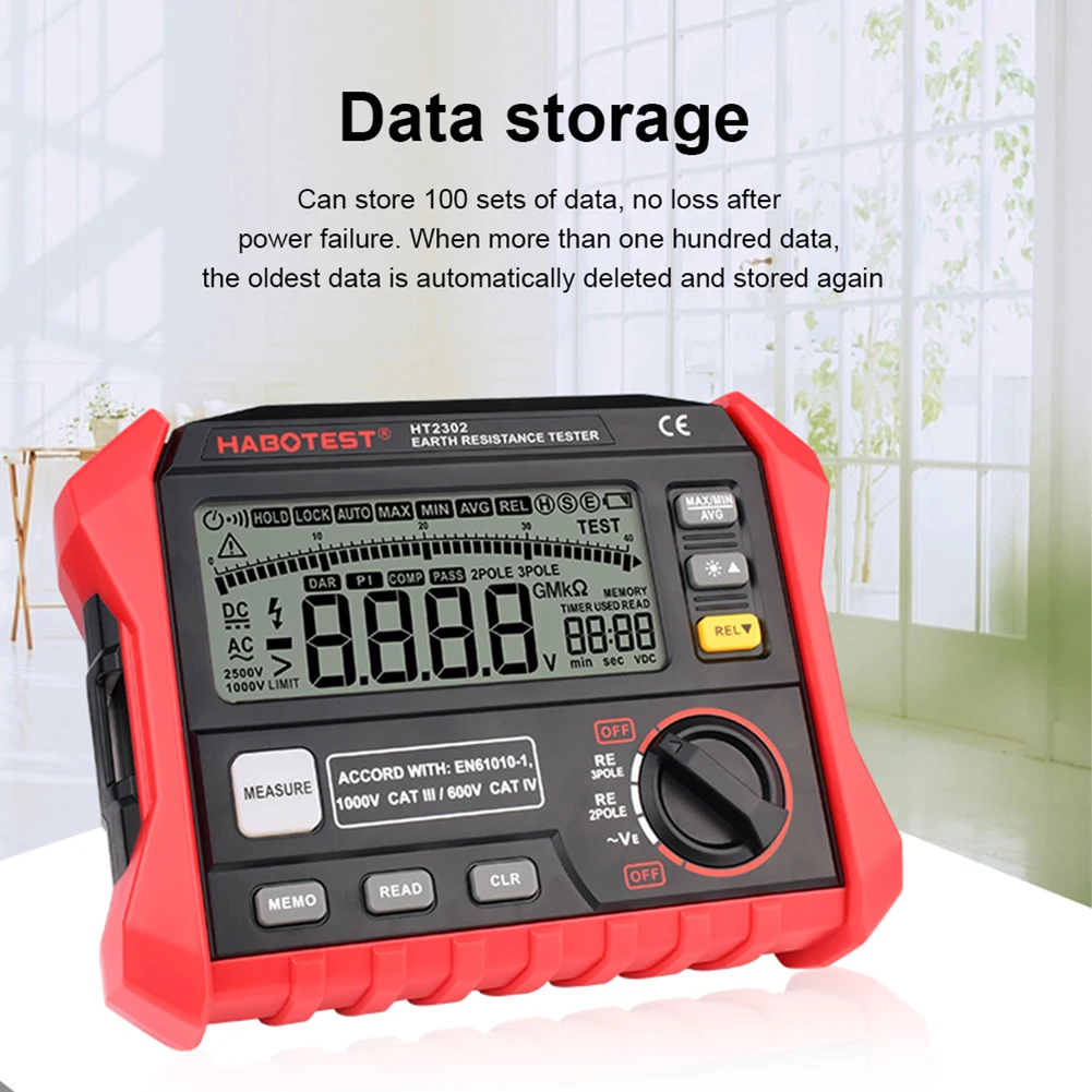 

Digital Earth Resistance Detector with LCD Display 1000V Ohm Meter 100 Groups Data Storage Megohmmeter Voltmeter Auto Power Off