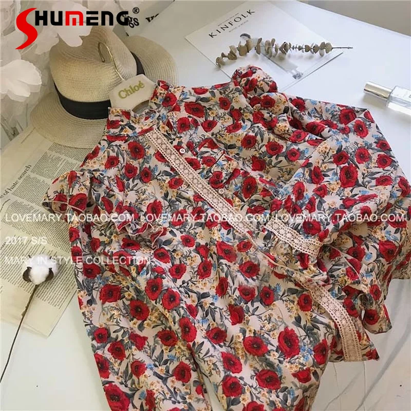 

Ruffled Floral Stand Collar Lace Long Sleeve Blouse Top Women's Spring Autumn Camisas De Mujer All-matching Bottoming Shirt