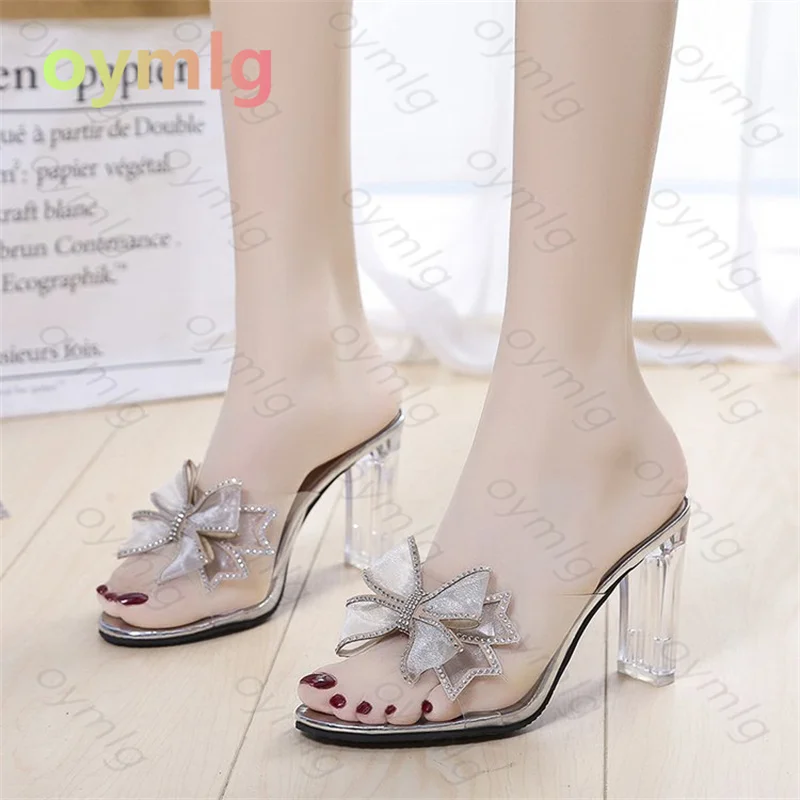 

Slippers women's super high heel thick heel rhinestone bow transparent sandals 2021 new women shoes women mujer purple