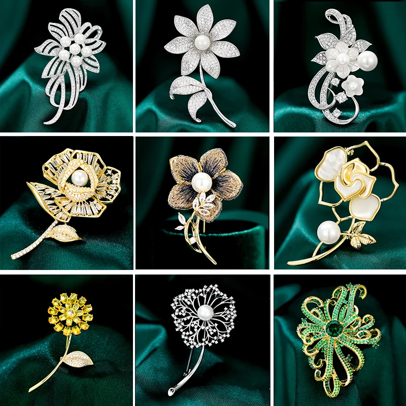

OKILY Classic AAA Zircon Fashion Brooch Leaf Flower Pin Suit Shawl Buckle Female Pearl Corsage Women Shell Pearl Flower Brooches