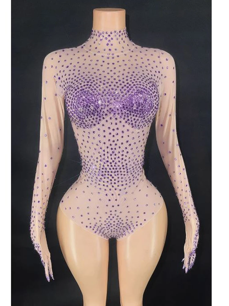 Высококачественный популярный эластичный сетчатый комбинезон со стразами