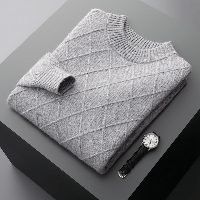 2023 New Men's Round Neck Diamond Thickened 100% Cashmere Sweater Solid Color Knitted Pullover