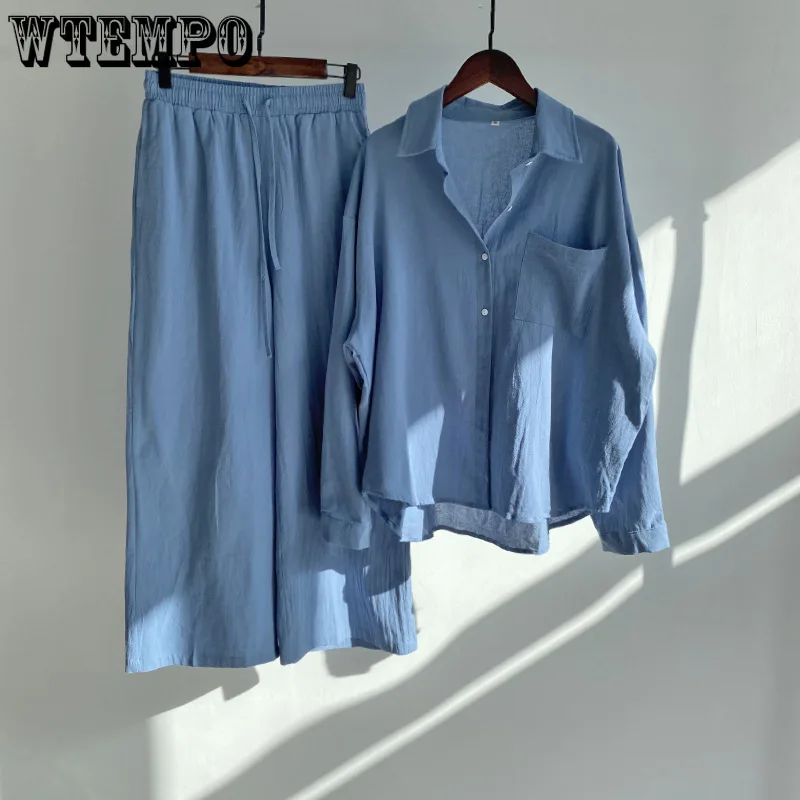 

Ladies 2 Piece Vintage Plus Size Cotton Linen Shirt Suit High Waist Loose Pants Drop Shipping