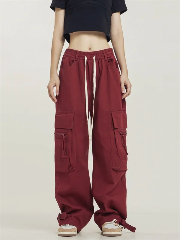 

Harajuku Vintage Red Cargo Pants Women Oversize Hip Hop Streetwear Pockets Black Trousers Retro Wide Leg Tactical Bottom
