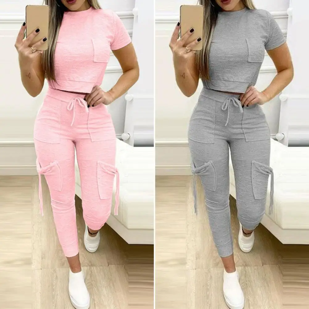 

2Pcs/Set Casual Outfit Skin-touching Sports Outfit Elastic Waistband Slim Short Top Pencil Pants Daily Garment
