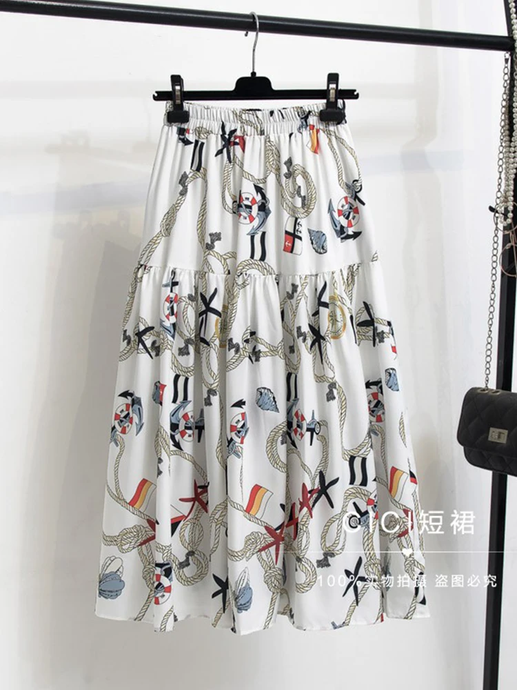 

TIGENA Aesthetic Print Midi Long Skirt Women 2022 Summer Korean Fashion Elegant A Line High Waist Mid-length Skirt Female Lady
