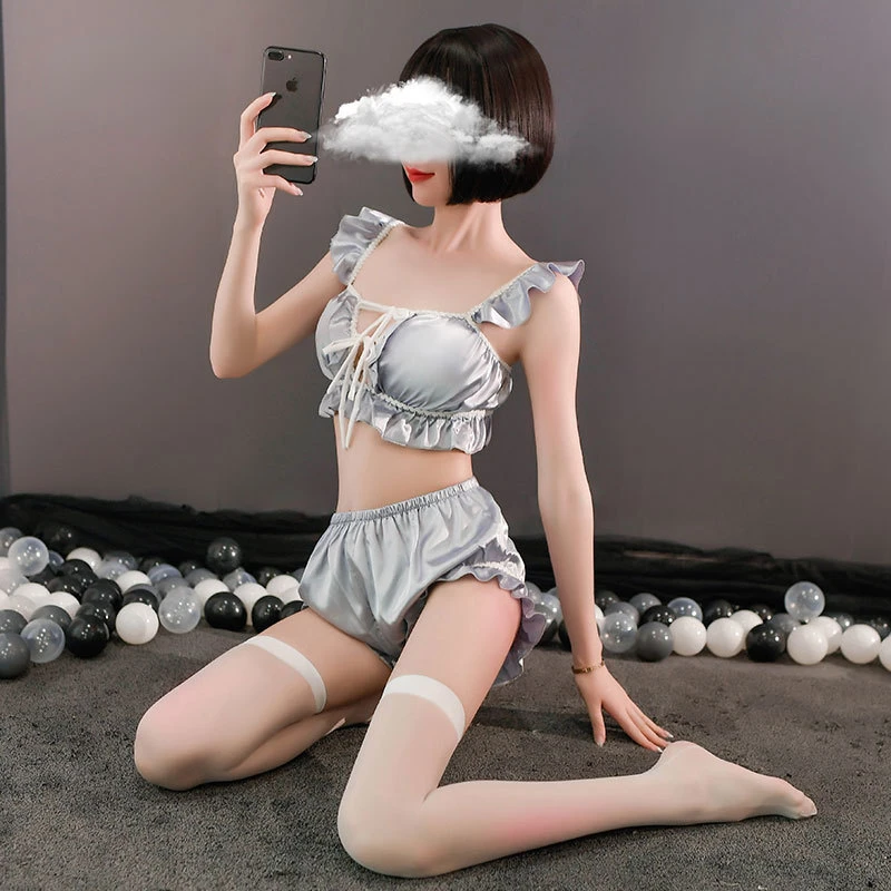 

2 Piece Bedroom Set Women Sexy Lingerie Courtly Sleepwear Satin Flounces Halter Top Shorts Cosplay Maid Kawaii Pajamas Uniform