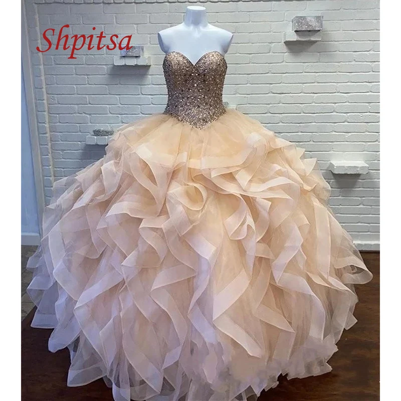 

Luxury Champagne Quinceanera Dresses Plus Size Ball Gown Beaded Masquerade Princess Girl Long Sweet 16 Prom Dresses for 15 Years