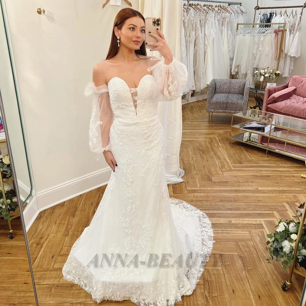 

Anna Mermaid Princess Wedding Gown For Bride Appliques Long Sleeves V Neck Lacing Up Court Train Robe De Mariée Made To Order