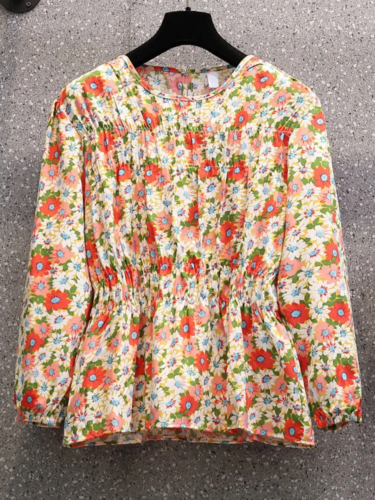 

Plus Size Long Sleeve Blouses For Women 2022 Spring New Floral Print Waist Banding Tops Oversized Sweet Round Neck Loose Shirts